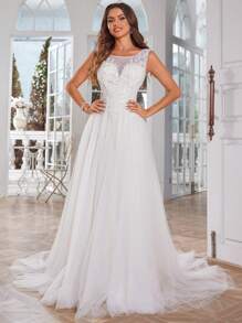 Của phụ nữ Không tay Vòng cổ Lưới trong suốt Váy dự tiệc - Màu be - Xem 8