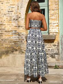 Breezaya 女性舒適假日印花無肩帶裙套裝（數字印花） - 杏色 - 查看 2