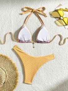 SHEIN Swim Halternek-bikinitikiniset met bloemenprint en sexy splitontwerp voor zomerse strandkleding