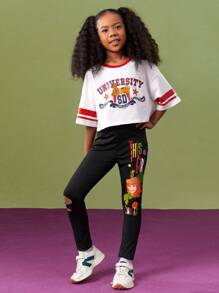 SCOOBY-DOO X SHEIN Tween Girl Cartoon Printed Ripped Black Leggings, Direct Injection Printing - Black - View 10
