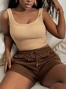 Bộ 2 chiếc áo vest và quần short màu hồng thường ngày mùa hè mới dành cho nữ - Lạc đà - Xem 7