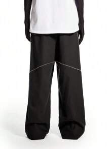 Manfinity VCAY Calça Casual Masculina 100% Algodão Tecido Liso com Cintura Média, Perna Reta e Larga em Estilo Urbano, Adequada para Uso Diário na Primavera e Verão - Preto - Visão 2