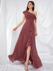 Elegant Flounced Asymmetrical Neck Neck Chiffon Formal Dress, Bridesmaid Dress - Redwood - View 5