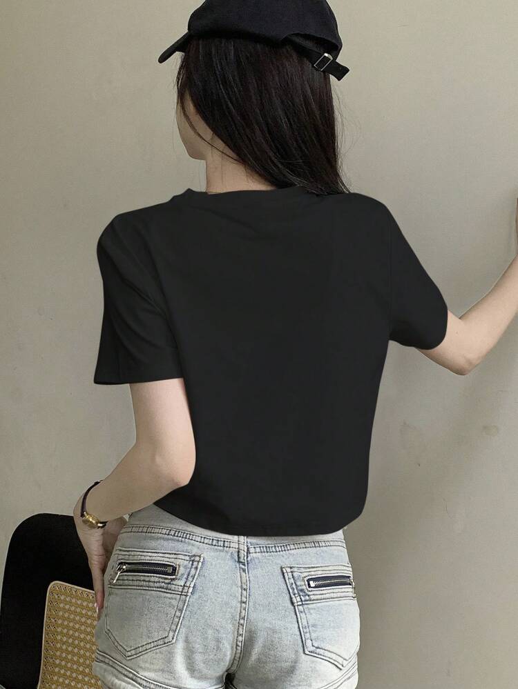 Women's Summer Short Sleeve Round Neck Tee Letter Printed Cropped T-Shirt