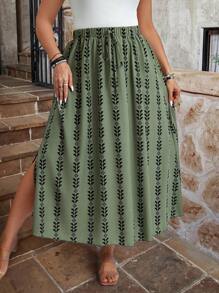 SHEIN LUNE 大码女式几何印花侧开衩裙 - 綠色 - 查看 4