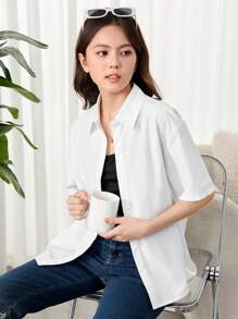 SHEIN Teen Girl Woven Solid Color Back Ruched Slit Loose Casual Short Sleeve Shirt - White - View 3