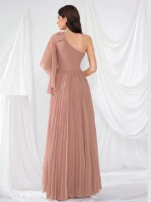 UNITHORSE Asymmetrical Neck Bowknot Flare Sleeve Pleated Waist Elegant And Graceful Party Dress Bridesmaid Dress - Dusty Pink - View 3