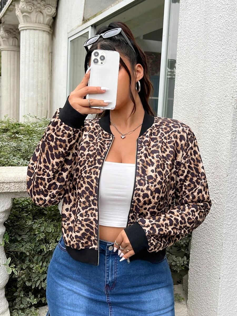 SHEIN EZwear Plus Leopard Print Bomber Jacket For Spring & Summer - Multicolor - View 1
