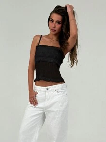 Aloruh Áo thun nữ màu trắng kết cấu bó sát lãng mạn Date Tank Top - màu đen - Xem 5