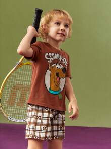 SCOOBY-DOO X SHEIN Young Boy Casual Cartoon Printed Brown Short Sleeve T-Shirt And Plaid Shorts, Summer - Brown - View 5