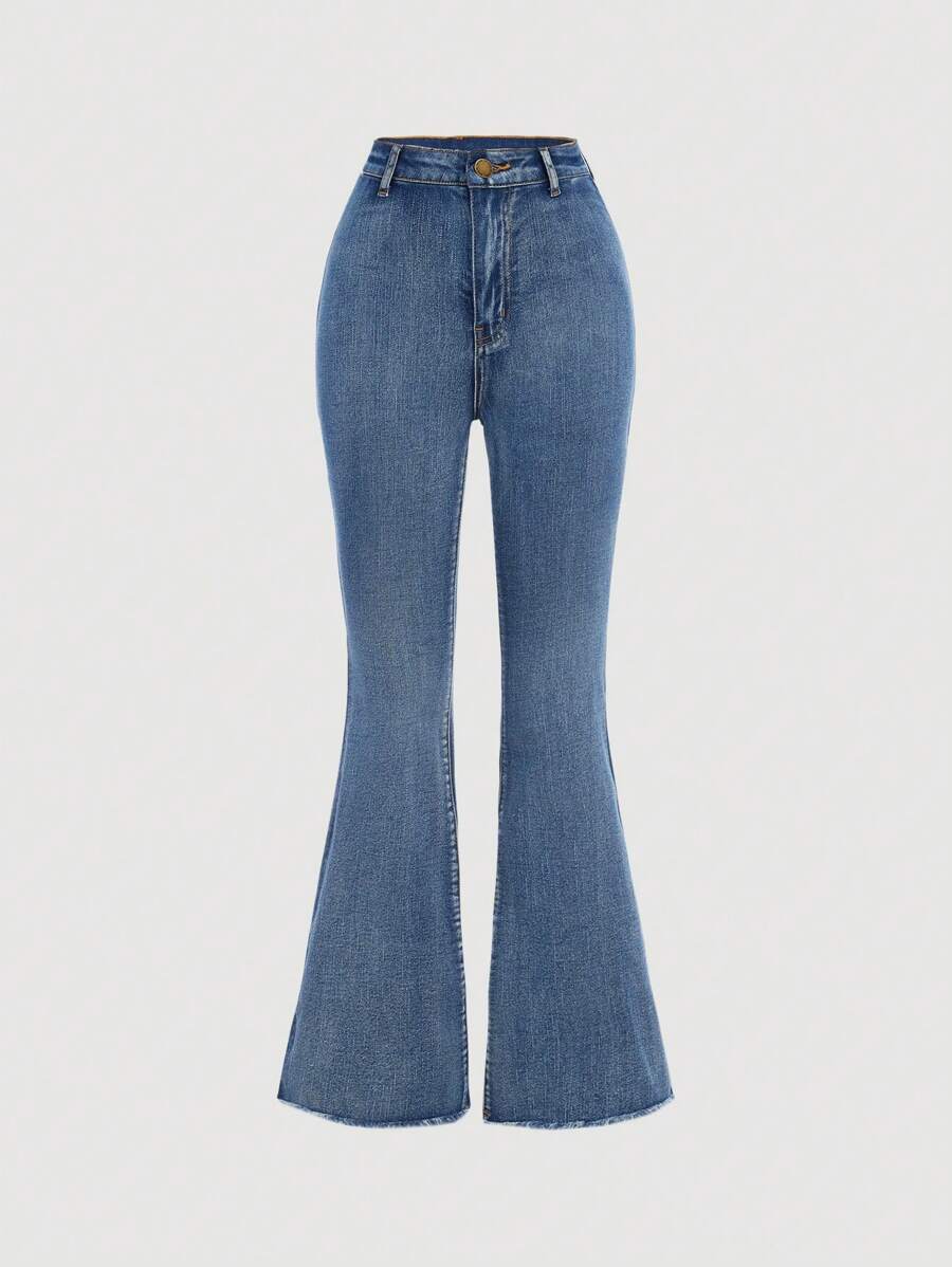 SHEIN Teen Girls Casual Raw Hem Flare Leg Jeans - Dark Wash - View 1