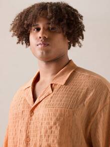 Manfinity VCAY Men's Plus Size Casual Woven Loose Fit Drop-Shoulder Mandarin Collar Short Sleeve Shirt, Suitable For Summer Daily Wear Plain Shirt