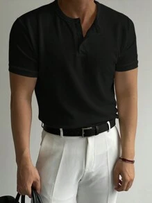 DAZY Men's Summer Solid Color Button Half Placket Short Sleeve Casual T-Shirt - Black - View 2
