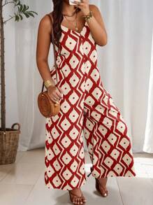 Breezaya Plus Size Vacation Leisure Random Printed Wide Leg Jumpsuit With Shoulder Straps