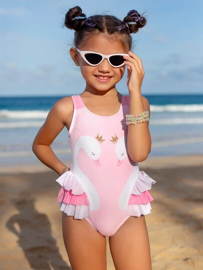 SHEIN Young Girl Summer Beach Contrast Color Swimsuit With Ruffle Hem And Swan Print Summer Holiday