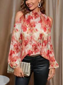 SHEIN Clasi Blusa elegante de estilo de los años 70 con hombros descubiertos y mangas farol con estampado floral para mujeres, otoño de vuelta al colegio para maestras, ropa de primavera/verano con estilo vintage