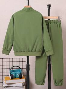 SHEIN Tween Boy 1pc Letter Graphic Flap Pocket Jacket & 1pc Pants Chic Outfits For Autumn/Winter