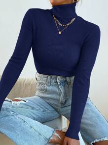 Mulvari Turtleneck Ribbed Knit Sweater Without Necklace For Autumn & Winter,Long Sleeve Tops, Knit Pullover Fall - Royal Blue - View 5