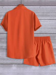 Manfinity Homme Men's Summer Casual Solid Color One Pocket Front Shirt And Plain Shorts Set (T-Shirt Not Included), For Husband - Burnt Orange - View 2