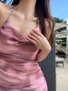 DAZY 2pcs Summer Beach Tie-Dye Halter Ruffle Swimsuit Set, Including Bikini Bottoms,Tankini Bathing Suit Vacation - Pink - View 6