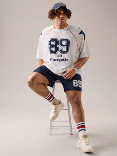 Manfinity VCAY 2 szt. Męska koszulka plus size na co dzień, luźna, z krótkim rękawem, z nadrukiem cyfrowym i literowym, okrągłym dekoltem i prostymi nogawkami ze średnim stanem. Nadaje się do letniej szkoły sportowej