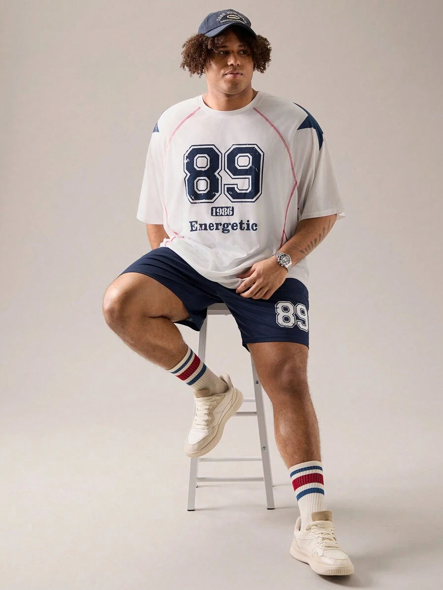 Manfinity VCAY 2 szt. Męska koszulka plus size na co dzień, luźna, z krótkim rękawem, z nadrukiem cyfrowym i literowym, okrągłym dekoltem i prostymi nogawkami ze średnim stanem. Nadaje się do letniej szkoły sportowej