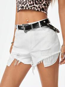 SHEIN EZwear 女款白色鬆散磨邊破洞牛仔短褲 - 白色 - 查看 3