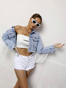 SHEIN Frenchy Fringe Raw Hem Button Front Crop Denim Jacket Winter Casual - Light Wash - View 3
