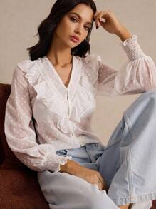 SHEIN Frenchy Swiss Dot Ruffle Trim Lantern Sleeve Blouse Without Cami Top Winter Elegant White