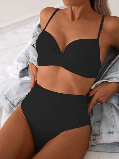 SHEIN Swim Women's Solid Color Crossed Chest Sexy Bikini Set For Summer Beach (Padded With Underwire)