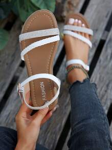 Women's Plus Size Low Vamp Flat Trade Sandals - White - View 1