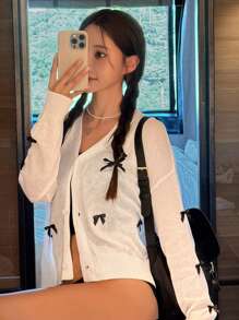 DAZY Solid Embroidery Button Front Long Sleeve Kimono Summer,Beach Women Outfits,Fall Clothes Vacation - White - View 2