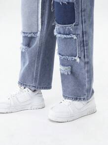 Tween Boys' Street Style Ripped Patchwork Denim Overalls - Medium Wash - View 4