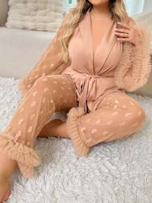 Conjunto de pijama de verano de talla grande con parte superior de manga ancha con cinturón y pantalones, con encaje 3D, malla acolchada con estampado de corazones