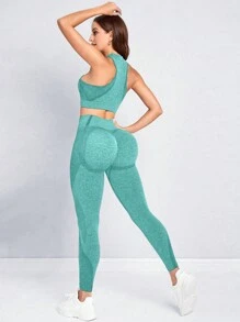 Easithlete Bộ đồ thể thao Legging và áo tập Yoga liền mạch dành cho nữ - màu xanh lá - Xem 1