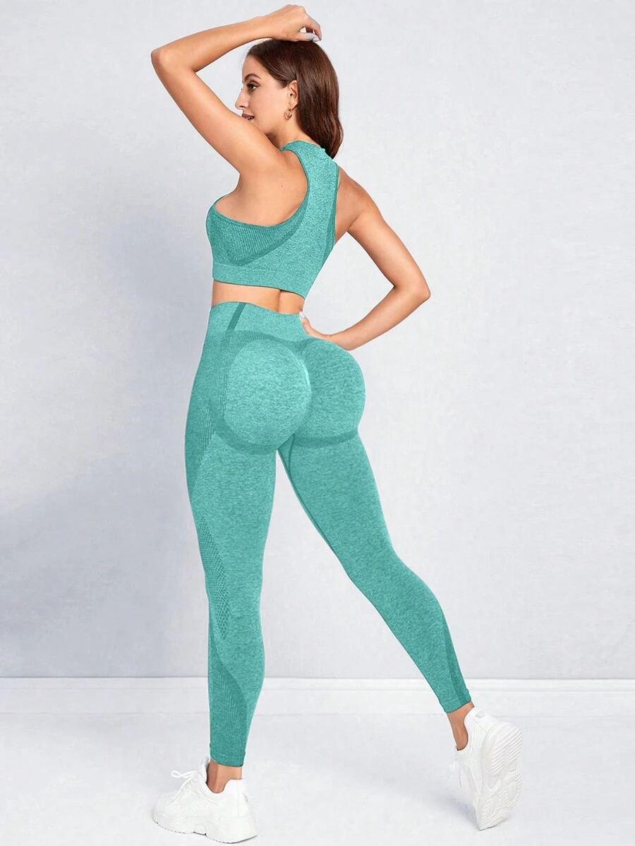 Easithlete Bộ đồ thể thao Legging và áo tập Yoga liền mạch dành cho nữ - màu xanh lá - Xem 1