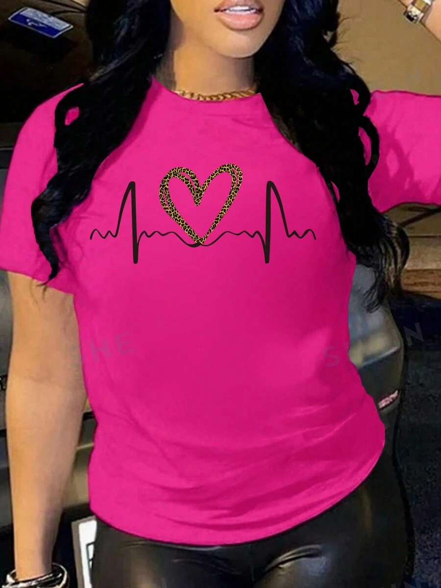 SHEIN 女士夏季心形豹纹短袖休闲 T 恤，圆领图案 T 恤女式上衣 - 玫紅色 - 查看 1