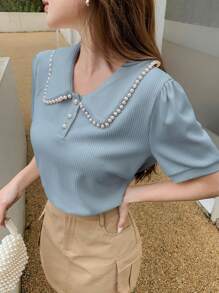 DAZY Áo thun ngắn tay cổ tròn trang trí ngọc trai màu trơn dành cho nữ, mùa hè - Màu xanh lam - Xem 4