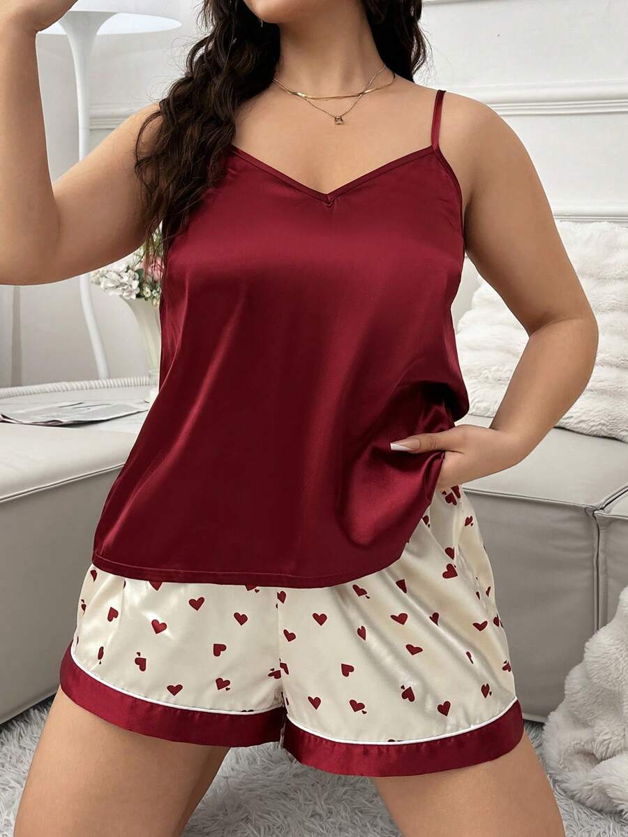Plus Size Satin Camisole Top And Color-Block Heart Printed Shorts Pajama Set - Burgundy - View 1