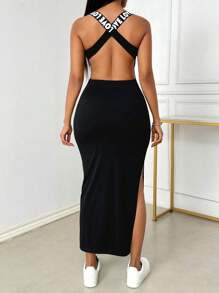 Breezaya 女士无袖露背大腿高开叉字母印花夏季长款连衣裙女装