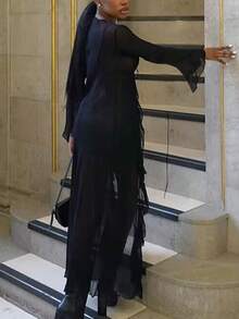 Women's Solid Minimalist Floral Lace Trim Design Dress - Black - View 2