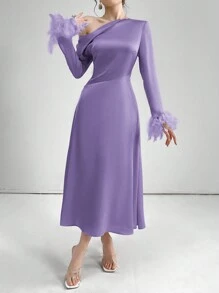 Modelyn 女士优雅纯色不对称领口羽毛点缀长裙，夏季长款晚礼服 - 紫色 - 查看 3