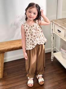 SHEIN Leap Crew Bộ 2 chiếc áo không tay họa tiết hoa Ditsy của cô gái trẻ với viền ren cổ tròn và dáng rộng kiểu dáng dệt liền Bộ quần Jogger - Nhiều màu - Xem 4