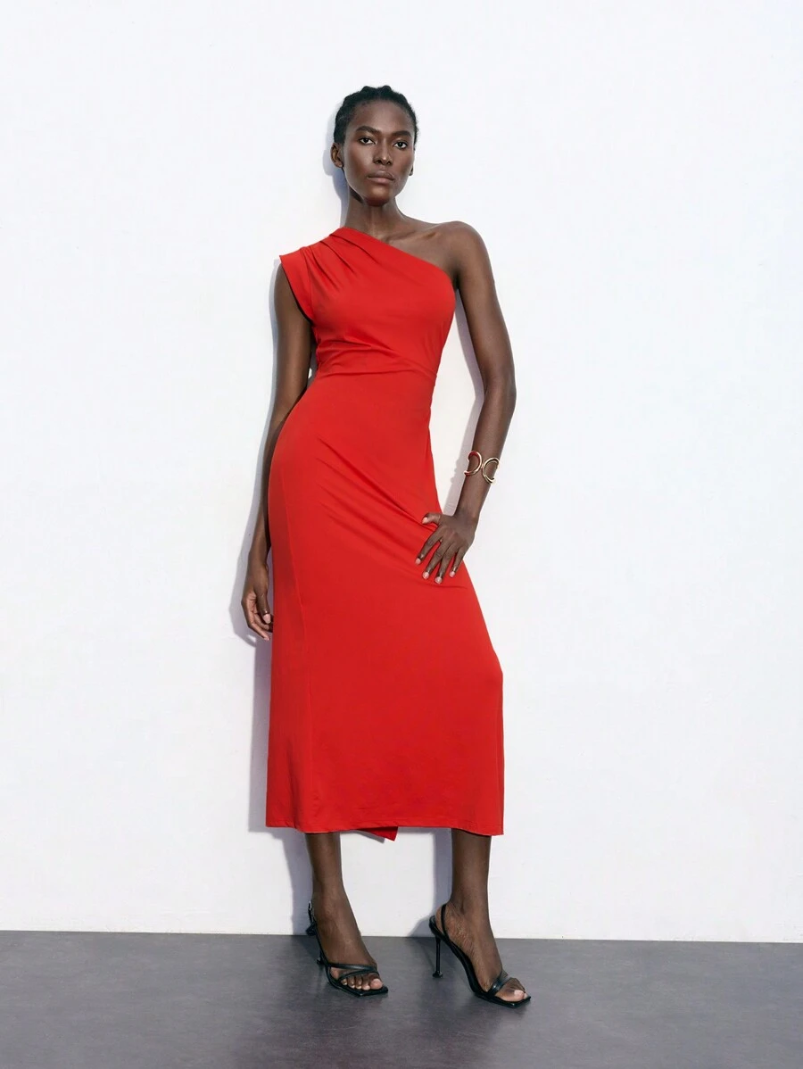 Maija Vestido largo ajustado y asimétrico para mujeres, adecuado para el Día de la Independencia en julio, la temporada de graduación, citas románticas, fiestas, bailes de graduación, primavera/verano, principios de otoño - Rojo - Ver 1
