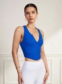 SHEIN Sports Áo ba lỗ thể thao dáng ôm màu trơn có cổ chữ V cổ chữ V dành cho nữ - Xanh đậm - Xem 4
