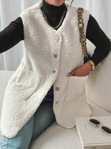 SHEIN Frenchy Dual Pocket Button Front Teddy Vest Coat In Fall/Winter - Beige - View 3