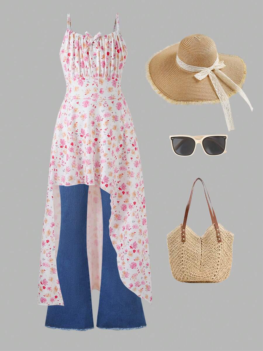 SHEIN Teen Girl Vacation Style Asymmetric Hem Ditsy Floral Cami Dress With Flared Jeans 2pcs/Set, Summer Casual Outfit - Multicolor - View 1