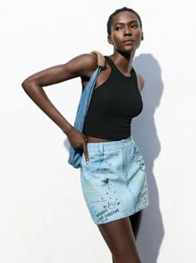 Maija Women's Back To School A-Line Denim Skirt With Graffiti Print - Blue - View 4