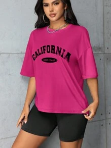 Women Letter Print Round Neck Drop Shoulder T-Shirt And Fashionable Versatile Shorts Casual Set, Summer