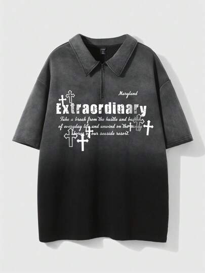 Street Life Men's Summer Zipper Half Placket Short Sleeve Casual & Business Polo Shirt With Slogan Print